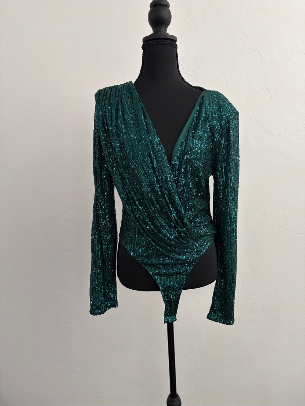 Fashion Nova Emerald Green Sequin Wrap Bodysuit